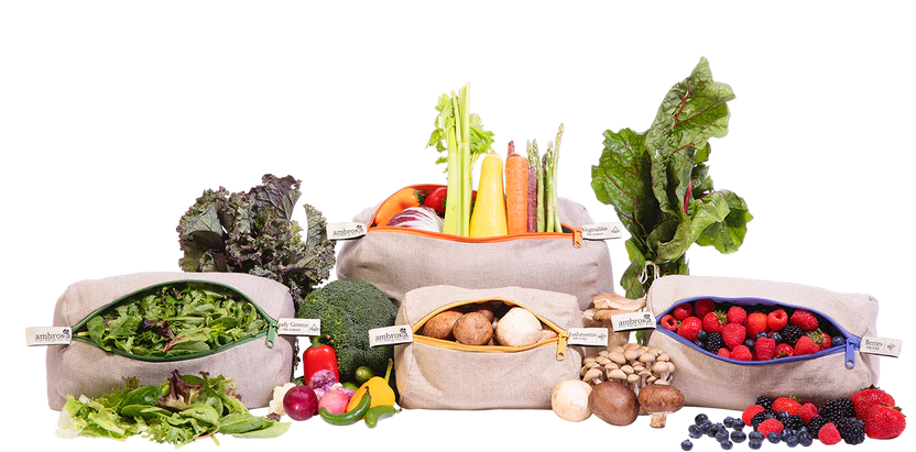 leafy, root vegetables and berries stored in Ambrosia linen produce bags