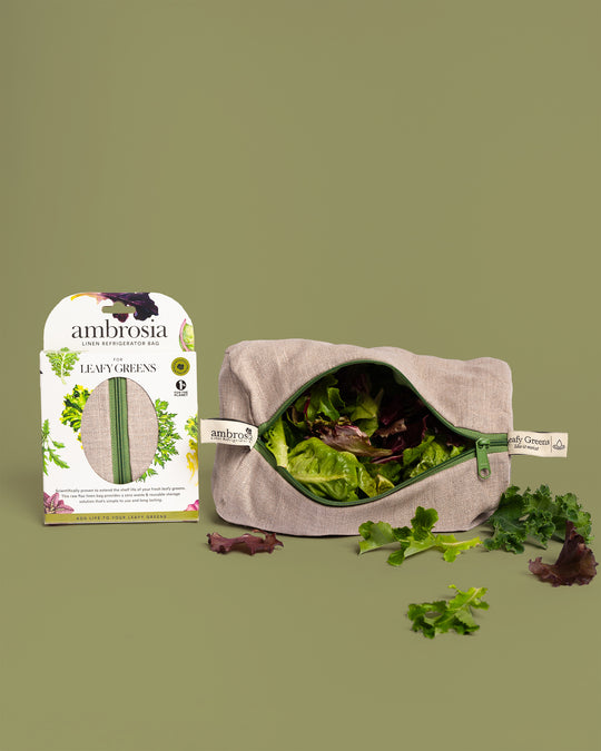 linen produce bag with leafy greens