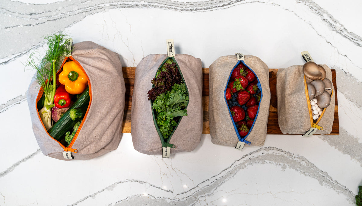 Reusable linen produce bag set for greens, vegetables, berries and mushrooms