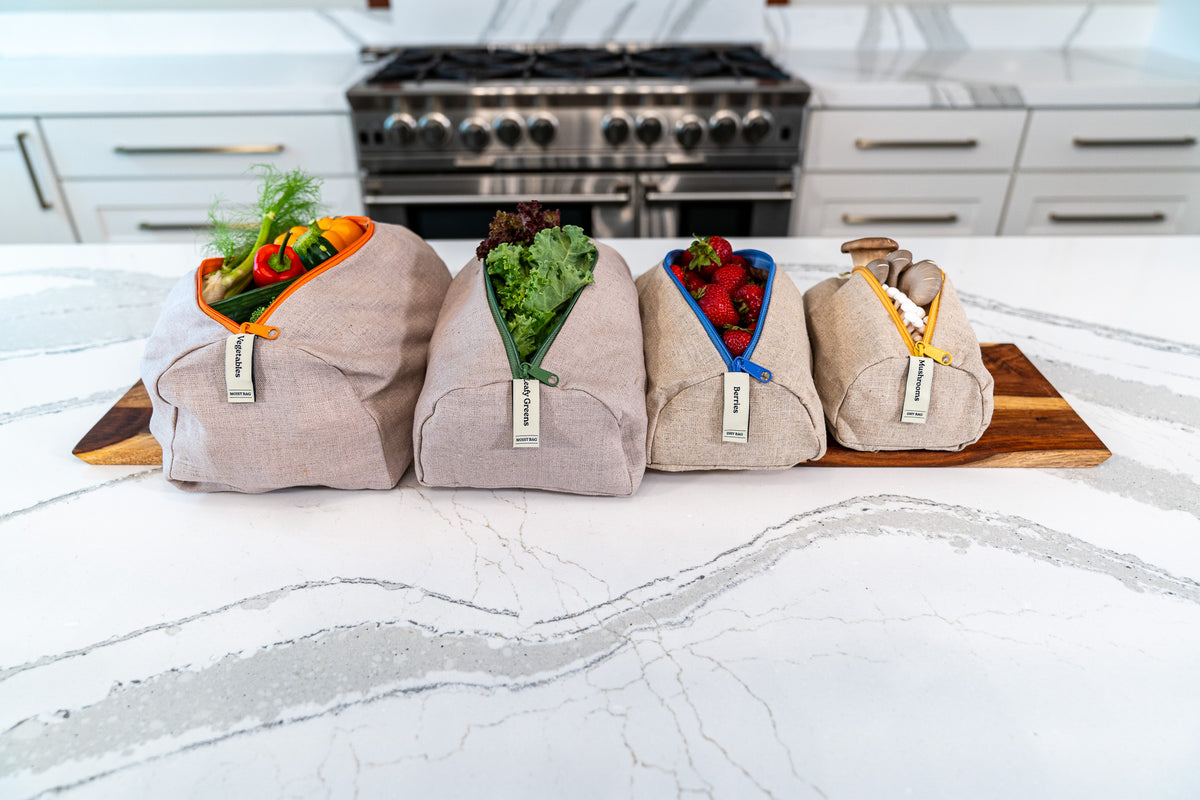 Ambrosia linen produce bags keeping produce fresh in the fridge