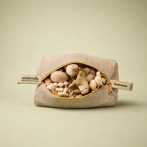 Ambrosia Mushroom Bag, a reusable linen produce storage bag for mushrooms