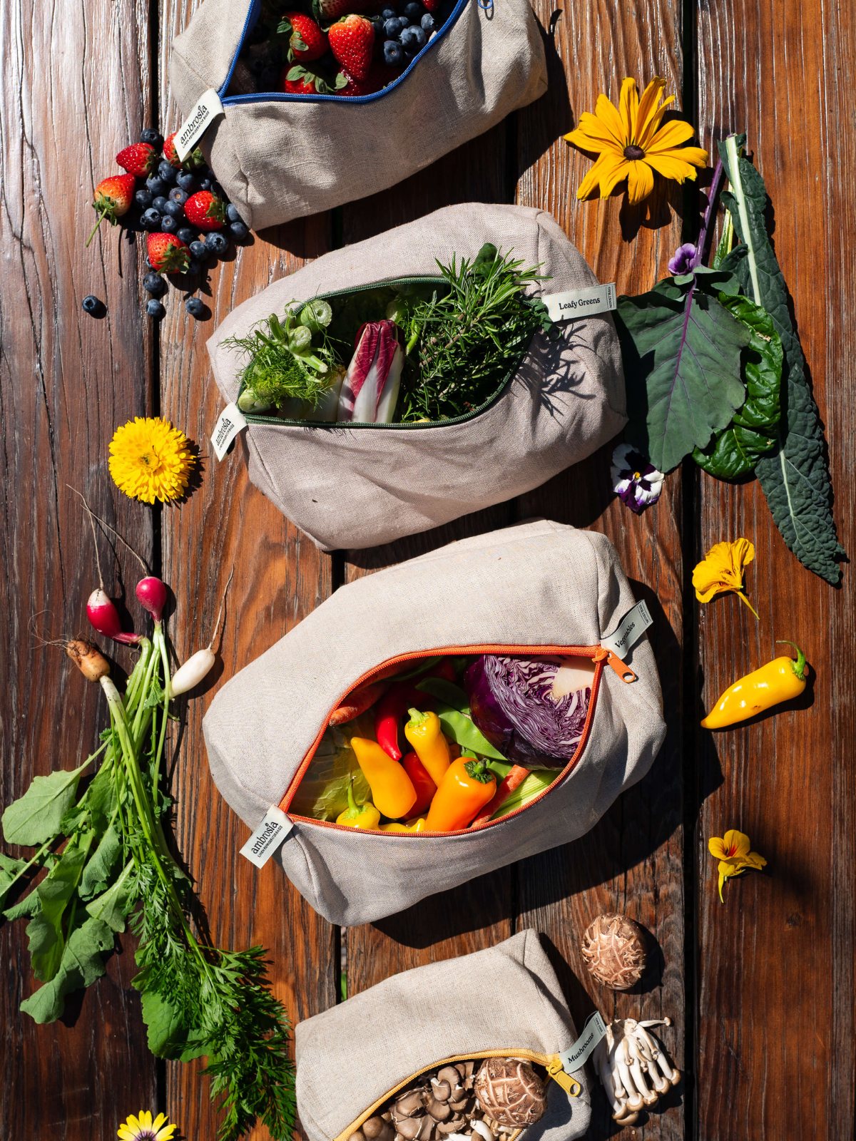 Reusable linen produce bags and vegetable storage bags filled with fresh produce