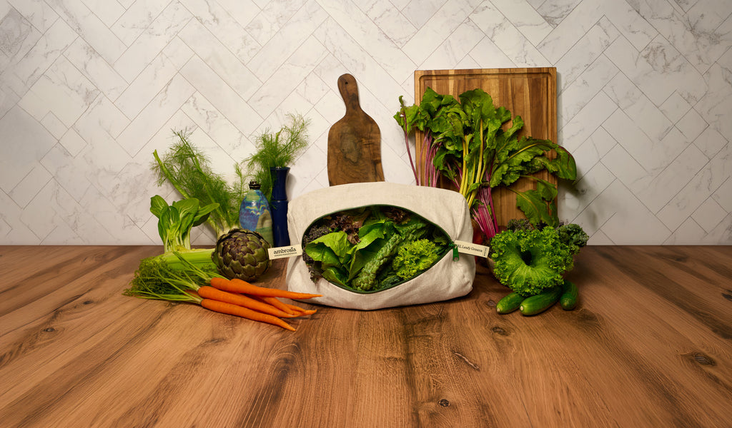 Ambrosia XL Leafy Greens Bag – reusable linen storage bag for large heads of lettuce and greens, view 2