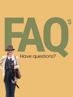 Jan in a sun hat beside a big FAQ's sign: Have questions?